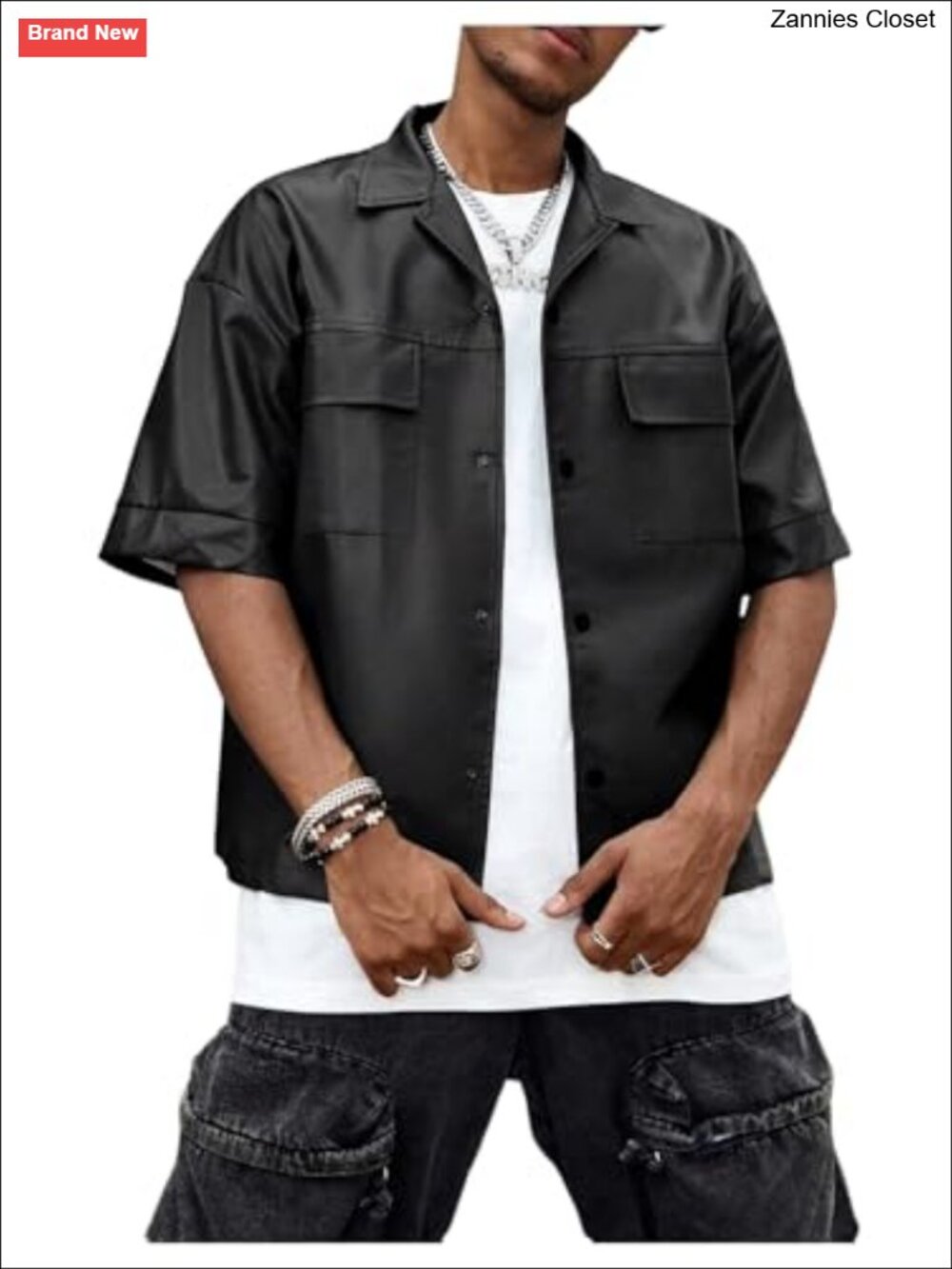 Men's PU Leather Gothic Button Down Half Sleeve Motorcycle Jacket Streetwear